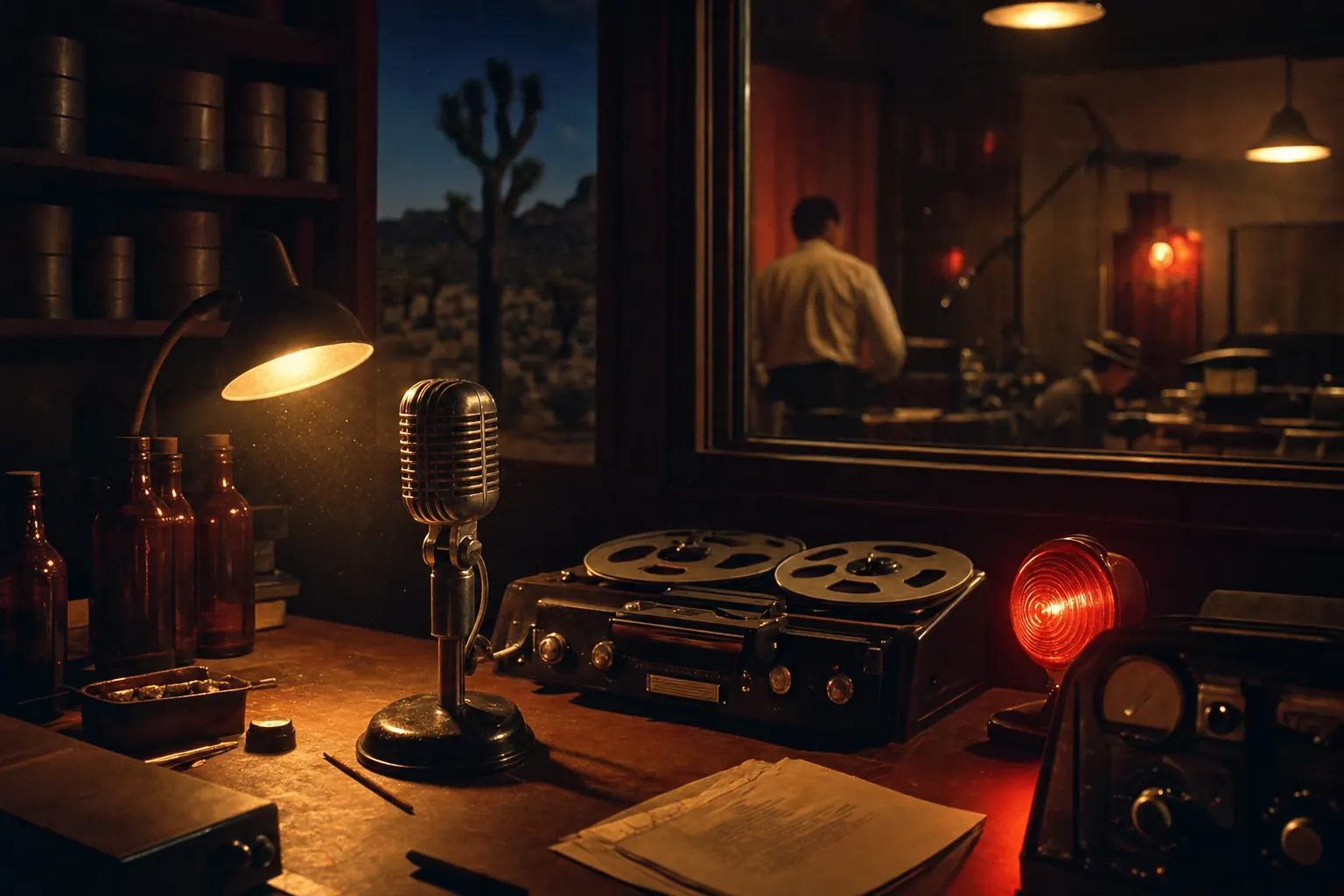 Illustration of a 1950s radio studio with a chrome microphone and a red on-air light