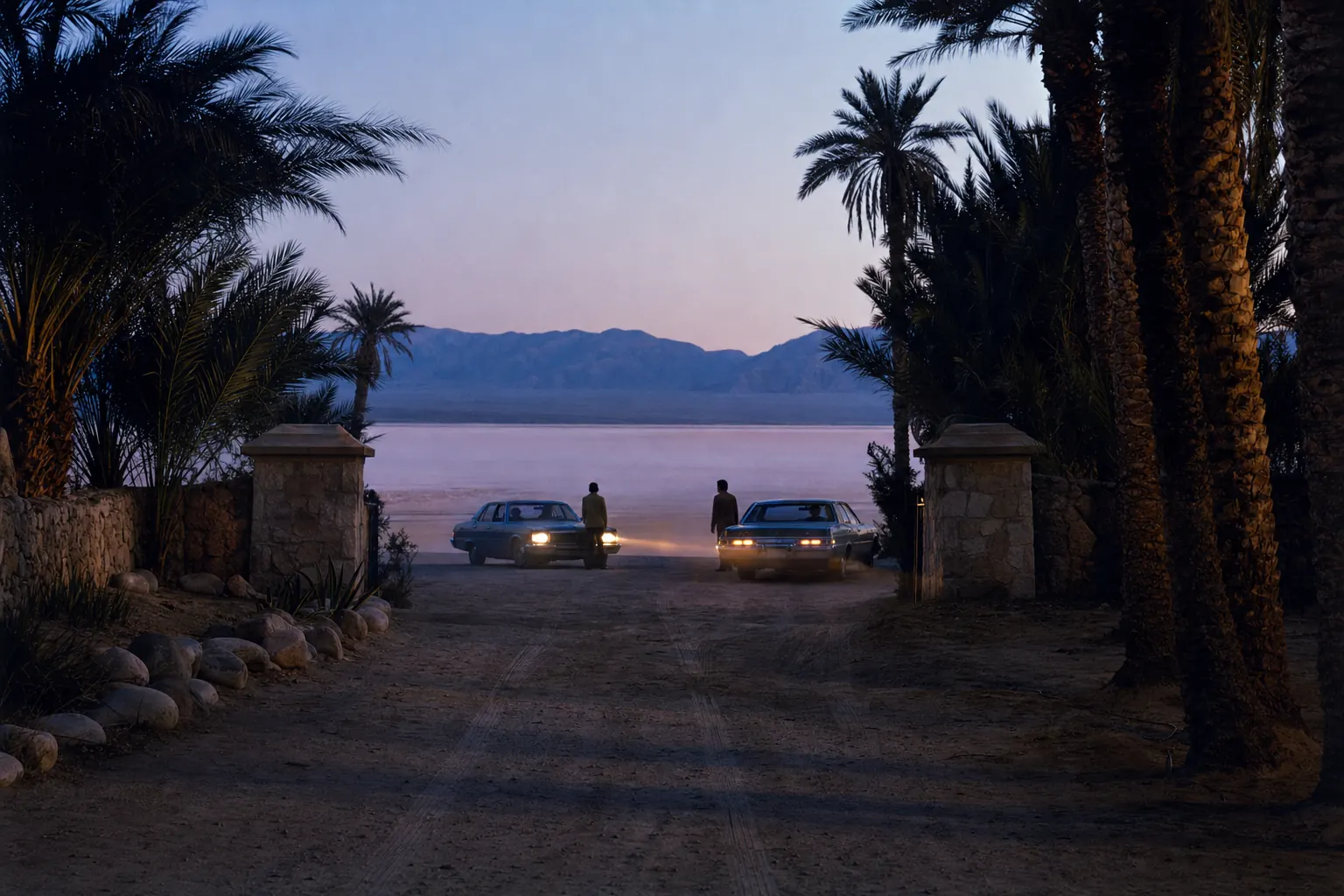 Illustration of two 1970s sedans with headlights on at a desert oasis gate at dawn