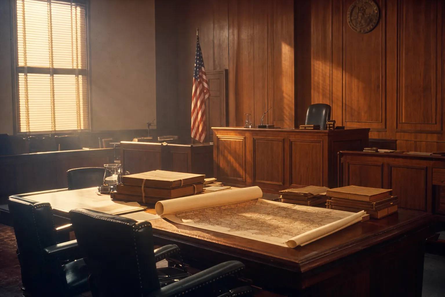 Illustration of an empty 1970s federal courtroom with a rolled survey map on the counsel table