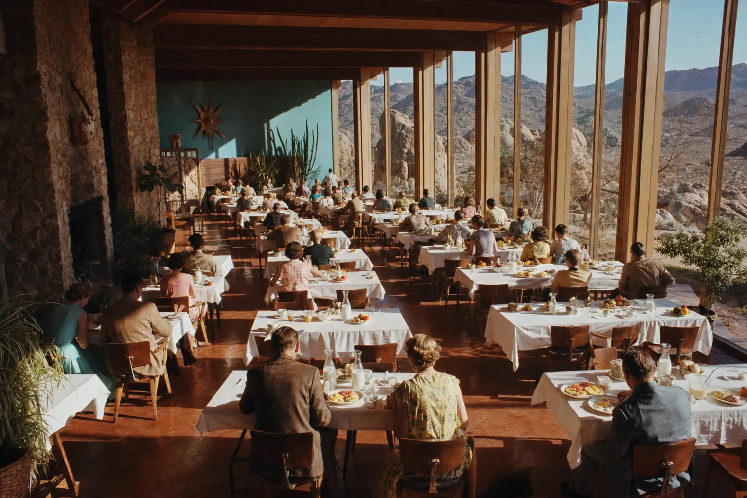Illustration of a long 1950s resort dining hall set for guests