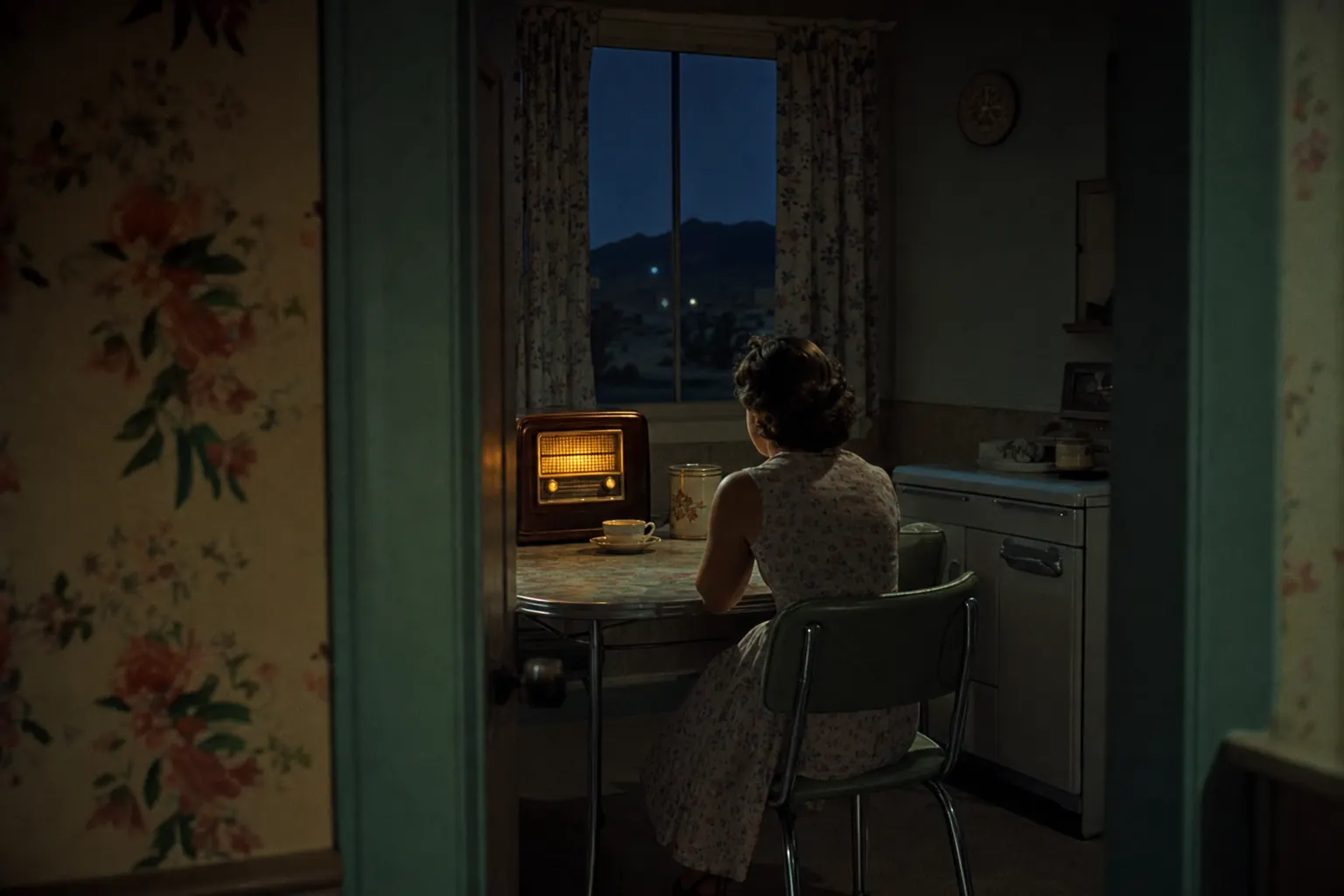 Illustration of a 1940s kitchen radio glowing on a table at night