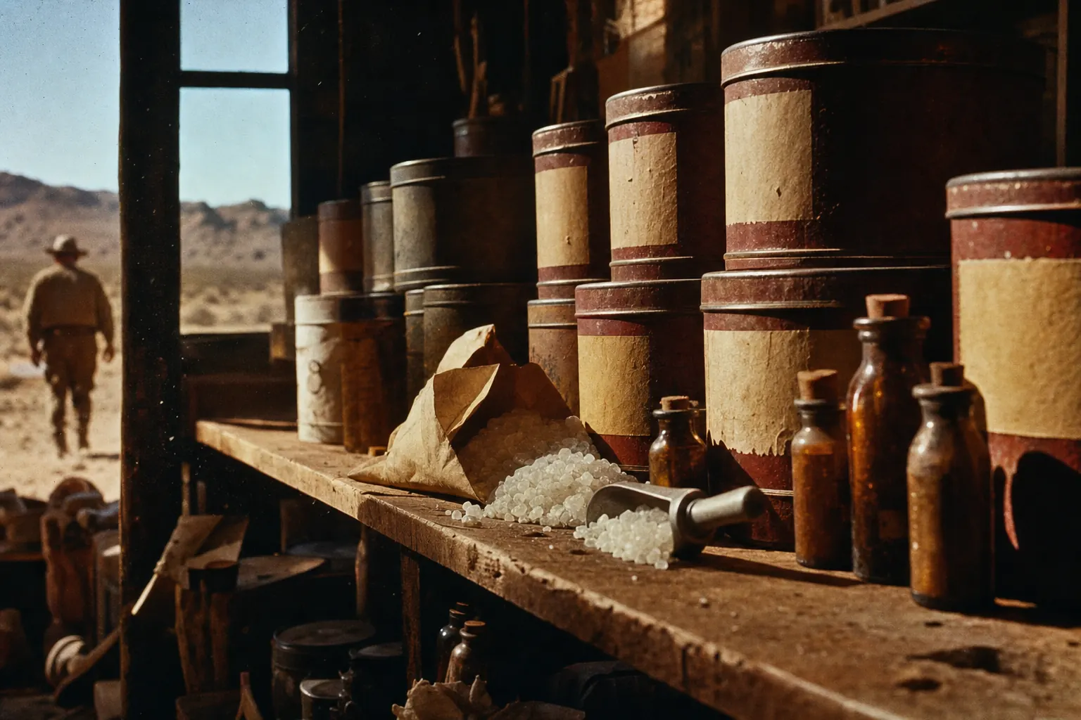 Illustration of mid-century tins and medicine bottles on a sunlit desert shelf